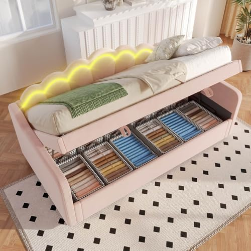 PUGSDRLY Canapé Lit 90x200cm avec Espace de Rangement hydraulique,Canapé Lit 1 Places Convertible avec Lumière LED,Sommier à Lattes,Velours,Style Minimaliste,sans Matelas (Rose-C)