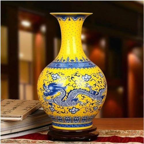 Vase Décoration Dragon Chinois Fleur Belles Ornements en Céramique Anciens Ancêtres Moderne Vintage Émail Jaune