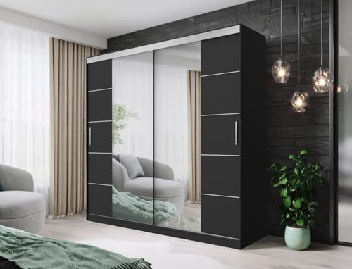 AOF-DALLAS Sliding Door Wardrobe with Full-Length Mirror | 150cm 180cm 203cm 250cm | Modern Bedroom Storage with Rails & Shelves | Optional LED Light | White, Black, Grey, Oak (Black, 203cm)