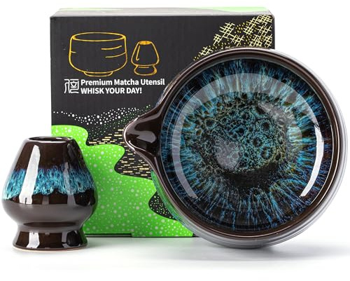 TEANAGOO Juego de 2 cuencos para matcha con boquilla, de cerámica de 510 ml y soporte para batidor, matcha chawan azul con soporte, cuenco para mezclar té verde, regalo para amigos/familiares
