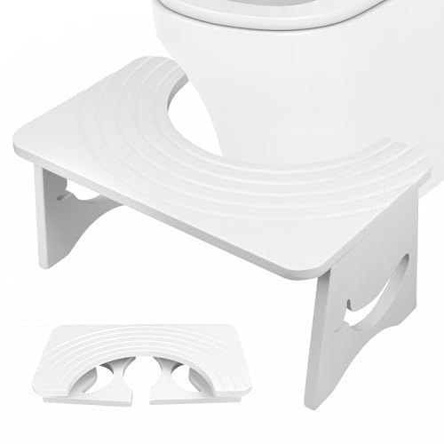 Bamboo Squatting Step Toilet Stool for bathroom, Foldable Bathroom Squat Aid Proper Toilet Posture Footstool, Ergonomic Curve Squatting Potty Poop Stool with Non-Slip Pads,6.9Inch Height (White)