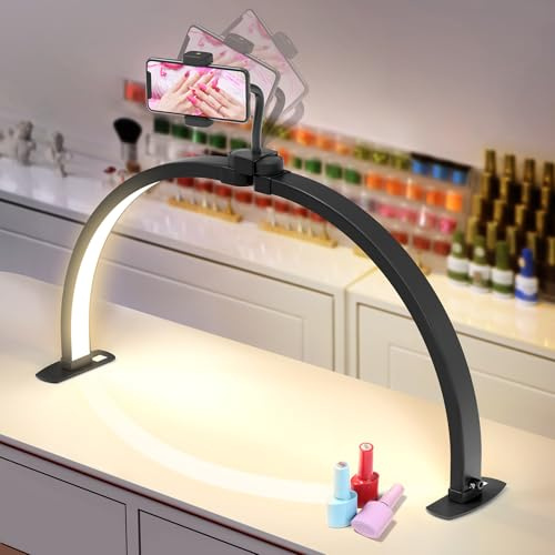 Half Moon Light for Nail Desk: 29Arch Nail Desk Lamp with Phone Holder for Beginner - 3 Color Modes & 10 Brightness Adjustable - Foldable Half Moon Desk Light for Salon Manicure (Black, Large)
