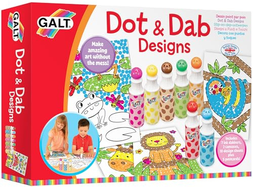 Galt Dot & Dab Craft Kit for Kids - Mess-Free Dot Art Set - 7 Anti-Leak Paint Dabbers, Canvas, Postcards & Activities – Childrens Creative Activity Stamp Set & Pattern Making - Girls & Boys Age 4 +