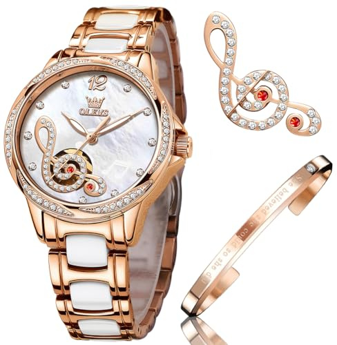 OLEVS Montres pour Femme à remontage Automatique en Or Rose avec Diamants Robes de Luxe Bracelet en céramique Blanche