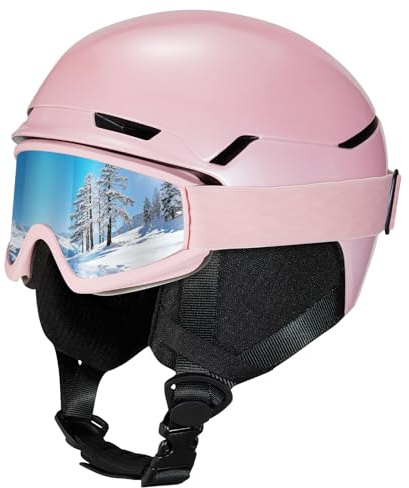 JQF Gear Ski Helmet Snowboard Helmet for Men Women Adults, PC Shell & EPS Foam, Adjustable Fit Snow Helmet for Snowboarding Skiing (Matte Pink-ski Goggles, Medium)