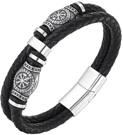 HUIANGLIYG Herren-Armband Aus Zweireihigem Geflochtenem Leder, Klassisches Schwarzes Lederarmband Mit Nordischem Kompass, Runen, Wikinger-Armband, Geschenk Für Männer, Punk-Schmuck