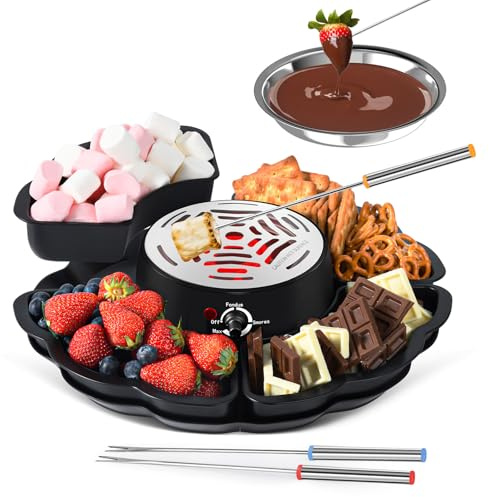 2-in-1 S’Mores Maker & Fondue Set, Indoor Tabletop Marshmallow Roaster with Temperature Control, 4 Detachable Trays, 4 Forks and Heated Bowl, Movie Night Supplies & Housewarming Gifts