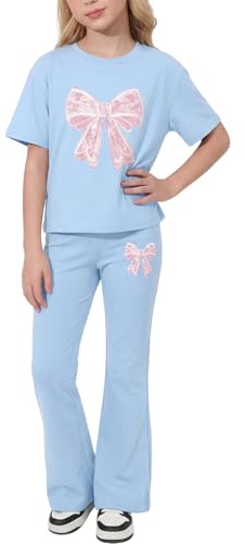 Valcatch Girls Clothes Tracksuits Set 2 Piece 8-12 Years | Activewear Tshirt and Flared Leggings Featuring Cute Heart Bow Print on Breathable Soft Fabric for School Gym Street Dance