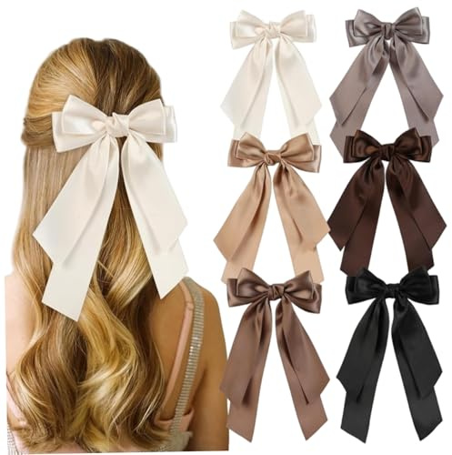 Nœuds 6 pièces nœuds de cheveux pour filles 5 pouces pince à cheveux en satin double couche avec longue queue - multicolore pour femmes filles tout-petits