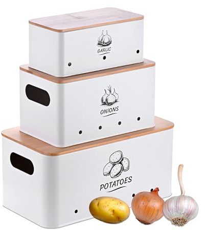 Relaxdays Set di 3 contenitori in Metallo Bianco per Patate, cipolle e Aglio, 19 x 33 x 15 cm