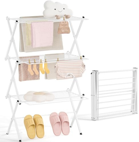 KINGBOARD Klappbarer Wäscheständer Schwarz - 3-Etagen Faltbarer Wäschetrockner aus Stahl mit 10m Trockenlänge, 15kg Tragkraft, 24 Stangen, platzsparend für Balkon, Garten & Innenraum (Weiß)