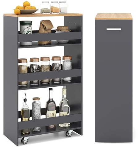 COSTWAY Nischenwagen 25cm breit, 4 Etagen Küchenwagen schmal, Nischenregal auf Rollen, Servierwagen mit Griff & Geländern, Badregal Holz, für Küche, Badezimmer, 47,5 x 25 x 80,5 cm (Grau)