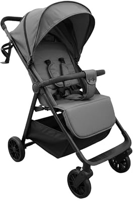 Baroni Kids Passeggino Leggero Richiudibile fino a 22 kg, Chiusura Salvaspazio Compatta, Schienale Reclinabile, Cappotte Estensibile, Cintura a 5 Punti, Cesto e Tasca Portaoggetti (Grigio)