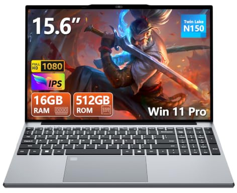 15,6 Pouces Ordinateur Portable, Win 11 PC Portable 16Go RAM DDR4 512Go SSD, CPU Twin Lake-N150, Clavier Rétro-éclairé+Déverrouillage Empreinte, Laptop1080P Écran, WiFi5+Mini-HDMI+USB3.0+BT4.2+Webcam