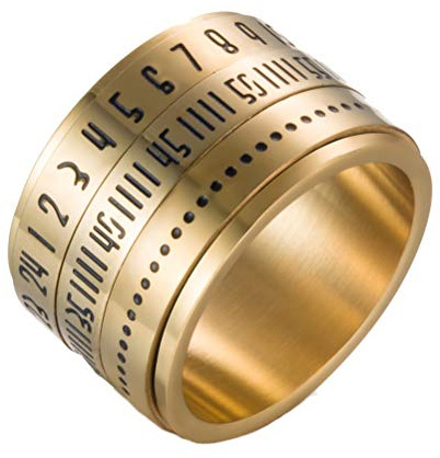 OAKKY Men's Stainless Steel 14MM Width Lucky Dice Arabic Numbers Turner Rings Rotatable Calendar Clock Biker Band Gold Size 8