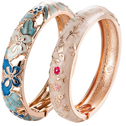 UJOY Emaille-Armreif für Frauen, handgefertigtes Blumen-Armband für Damen, Vintage-Schmuck-Geschenk – 2 Stück Damen-Armbänder, Emaille-Armreifen für Frauen