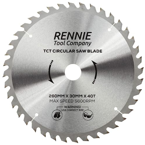 Rennie Tools TCT Kreissägeblatt, 260 mm x 30 mm x 40 Zähne, inkl. Reduzierringe mit 25 mm, 20 mm und 16 mm Bohrung. Kompatibel mit Festool, Bosch, Makita, Dewalt Kreissäge, etc.