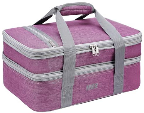 MIER Insulated Double Casserole Carrier Thermal Lunch Tote for Potluck Parties, Picnic, Beach, Fits 9 x 13 Inches Casserole Dish, Expandable, Purple