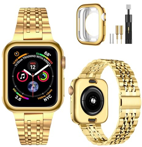 MioHHR Compatible with Apple Watch Strap 38mm 40mm 41mm, Solid Stainless Steel Metal Band for iWatch Series 9 8 7 6 5 4 3 2 1 SE Men and Women (Gold)