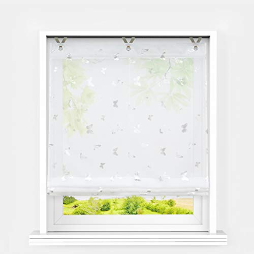 Heichkell Raffrollo mit Ösen Voile Moderne Raffgardine ohne Bohren Kleinfenster Gardine Küche Glänzende Schmetterling-Dekomuster Weiß BxH 60x130 cm