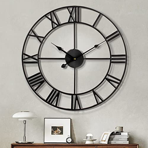 Maxstar Moderne römische Ziffern große Wanduhren,leichtes Ticken Runde Metall stille Vintage Wanduhr für Wohnzimmer,Küche,Schlafzimmer,Garten Dekor-schwarz 60cm