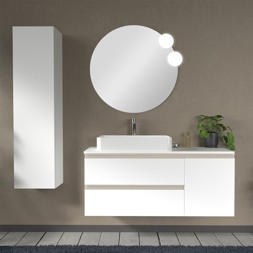 Mobile bagno sospeso 120 cm per lavabo da appoggio, serie Master 2 cassetti con anta, top e specchio INCLUSI (Bianco Opaco)
