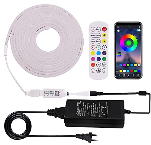 XUNATA 12V RGB Bluetooth Neon LED Streifen, Farbwechsel, Musik Sync, App-steuerung, Wasserdicht Flexibel Silikon Neon Lichtschlauch für Innen Aussenbereich Weihnachten Party DIY Deko (5M)