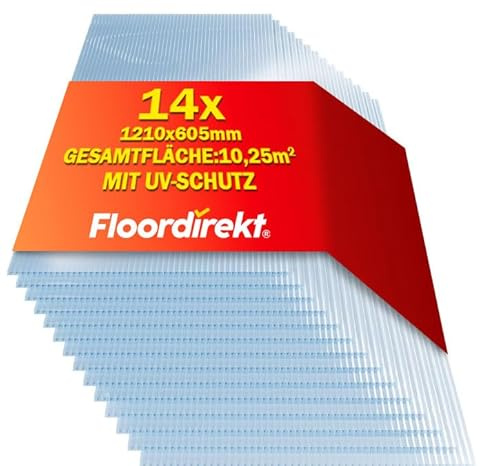 Floordirekt 10,25 m² Hohlkammerplatte - 14x Stegplatten 60,5 x 121 cm - Doppelstegplatten aus Polycarbonat - Hohlkammerplatten für Gewächshaus & Modellbau (Transparent, 16 mm)