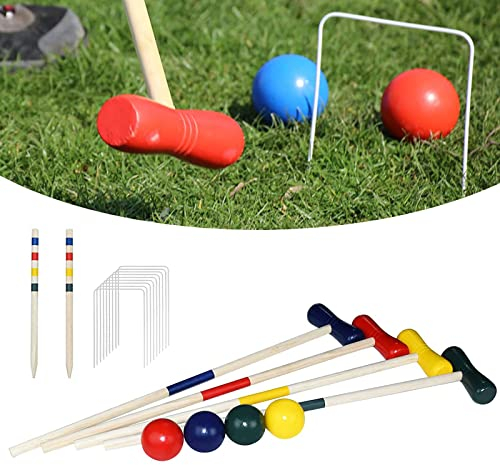 XMTECH Krocketspiel,Krocket Spiel, Spieler, & Erwachsene, Holz Croquet für 4 Spieler mit Heringen, Kinder Erwachsene Komplettset mit Heringen,Wickets und Bällen Holzspielzeug Gartenspiel