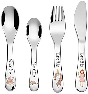aplusashop ID Ernesto Kinderbesteck mit Gravur nach Wunsch 4-teilig Edelstahl 3 Varianten