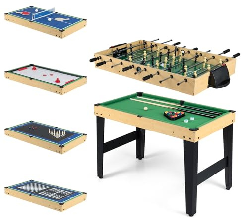 GYMAX 10-in-1 Multi Game Table, Combo Games Table Set with Foosball, Hockey, Billiard, Table Tennis, Shuffleboard, Bowling & 4 Board Games, Indoor Combination Games Table for Kids Adults