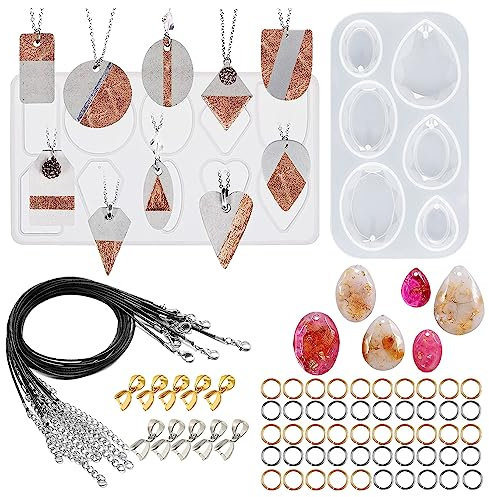 Attuslla Schmuckherstellungs-Set, geometrische Harzformen, Anhängerformen mit schwarzem Wachsseil, Anhängerschnallen, Schlüsselanhänger, Halskette, Erwachsene, nicht faltbar