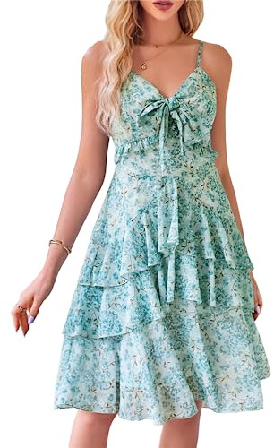 GRACE KARIN Damer sommar blommor fritidsklänning spagetti-axelband knytfront midiklänningar, Blågrön blomma, S