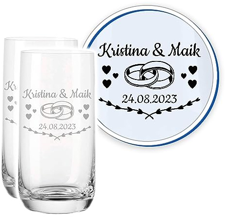 LALALO Leonardo Hochzeit Trinkglas Geschenk-Set (2 St.) graviert, Trinkgläser mit Gravur personalisiert als Hochzeitsgeschenk, Wasserglas/Longdrink-Glas zum Hochzeitstag (Herztanz)