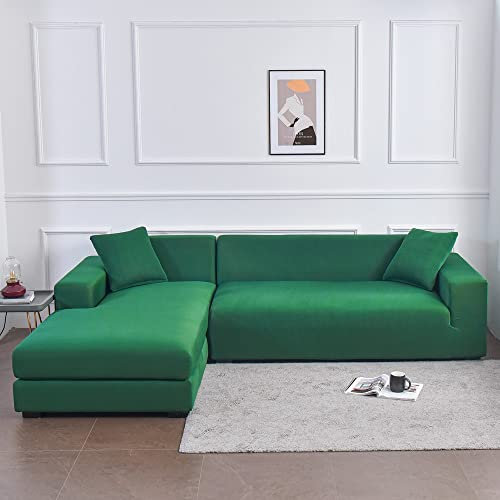 Waterproof sofa cover, Sofa cover l shape elastic soft and comfortable fabric, Corner sofa cover non-slip for living room sofa protector covers, Machine washable (dark green,1-seater 90-140cm 1pcs)