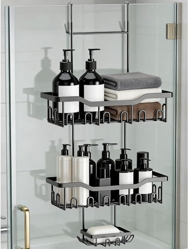 JOLY FANG Duschablage zum Hängen, Duschregal Ohne Bohren mit Seifenschale Mehrere Haken, Duschkorb Duschablage Hängend, Badezimmer Organizer (Schwarz)