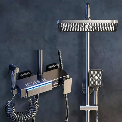 DELURA Colonna Doccia Display Digitale con Miscelatore e soffione,Set Doccia Completo con soffione e doccetta, Colonna Doccia NER, Monocomando Barra Altezza Regolabile