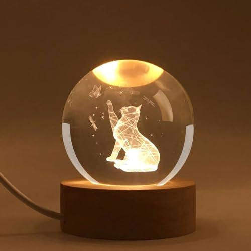 wioilyoy Veilleuse en forme de boule de cristal en forme de chat à 16 couleurs, boule de verre en forme de chat de 6,9 cm avec support LED de couleur, 7 variations de couleur (chat)