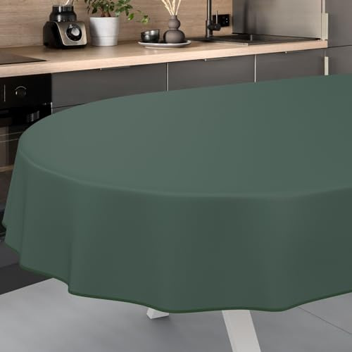 Wachstuch-Tischdecke Tischdecke abwaschbar Wachstuch Garten-Tischdecke Outdoor Indoor Oval 220x140cm mit Saum Tannengrün