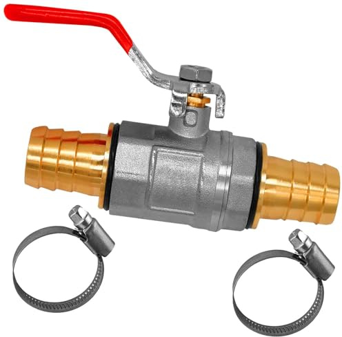 MegaHaustechnik Kugelhahn aus Messing mit Hebelgriff aus Stahl, 2 Schlauchtüllen Außendurchmesser 14mm demontierbar mit Dichtungen für 1/2 Zoll Wasserschlauch + 2 Stück Edelstahl Schlauchschellen