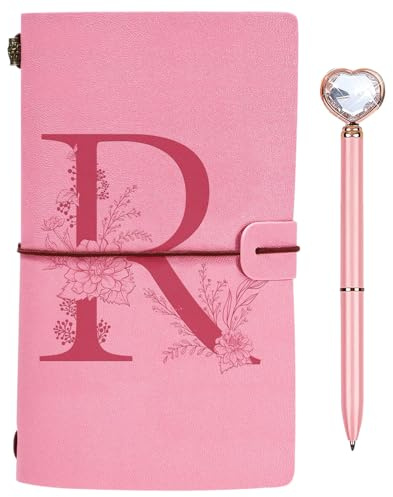 Initialen PU Leder Notizbuch mit Stift, Rosa Nachfüllbar Tagebuch für Frauen Mädchen, Reisetagebuch Skizzenbuch Notebook Geschenk für Freundin Schwestern Lehrer Abschluss Geburtstag Weihnachten R