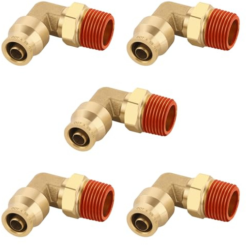Boeray 3/8 Quick Push to Connect Fittings Brass 90 Degree Union Swivel Elbow Joint DOT Approved 3/8 Tube OD x 3/8 NPT Thread Air Brake Line Adapter Air Suspension Kit for Car Truck Trailers 5pcs
