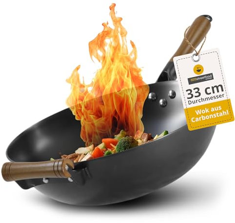 asiastreetfood Il wok perfetto, Ø 33 cm, robusto wok in acciaio al carbonio con fondo piatto, manico in legno, adatto per fornelli a gas, a induzione e in vetroceramica, senza bruciare piatti asiatici