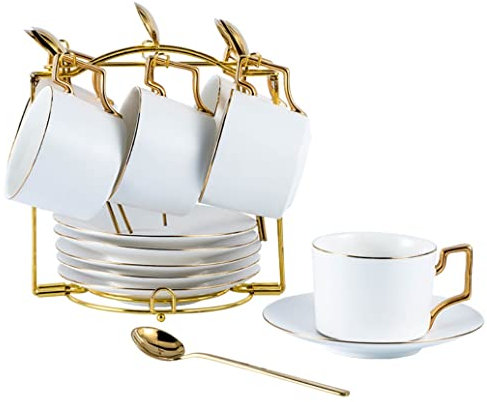 JKJZSALJ Juego De Té Juego De Taza De Café Juego De Taza De Té Juego De Taza De Té Tazas De Té Y Platillos con Soporte De Metal Juego De Té Y Café De Cerámica Simple con Borde Dorado