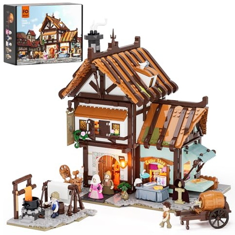 FUNWHOLE Mittelalterliche Schneiderwerkstatt Leuchtendes Bauset - Modulares Sammlerstück für Erwachsene & Jugendliche, 1994 Teile - Heimdekoration, Stressabbau