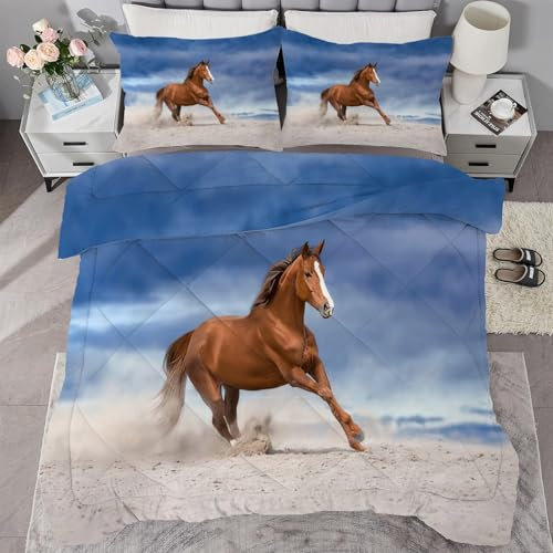 buyluhn Piumino completo con cavallo che corre, reversibile, per tutte le stagioni, per letto matrimoniale, 7,5 tog, lavabile in lavatrice, per letto matrimoniale, estate e inverno, leggero, 2 federe