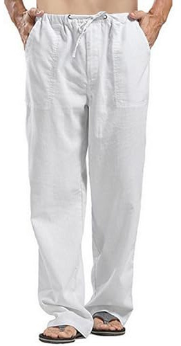 Remxi Pantalon Lin Homme Été Pantalons de Plage Léger Elastique Yoga Pantalon Blanc 3XL
