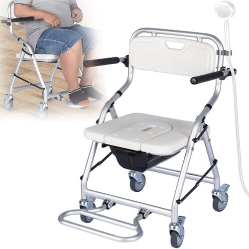 Generisch Toilettenstuhl mit Rollen Fahrbar Toilettenhocker Erwachsene mit Eingebettet Toiletteneimer und Einstellbarer Armlehnen Duschstuhl Nachtstuhl 150Kg Tragkraft für Patienten
