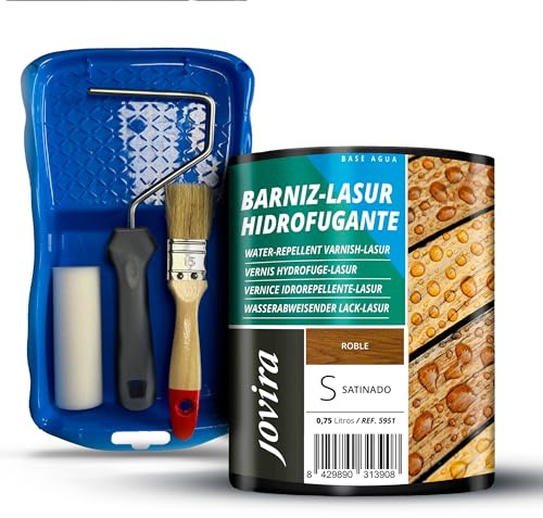 JOVIRA PINTURAS Barniz-Lasur Hidrofugante Protector Satinado al Agua y Kit con Minicubeta, Rodillo de Espuma, Varilla y Paletina. (750 Mililitros, Roble + Kit Barniz-Lasur) E-35-K