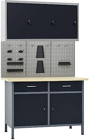 Werkbank mit 3 Werkzeugwänden und 1 Wandschrank, Arbeitstisch, 500 kg Tragkraft, Hobelbank, Montagetisch für Garage, Werkstatt und Schuppen, 120 x 60 x 85 cm